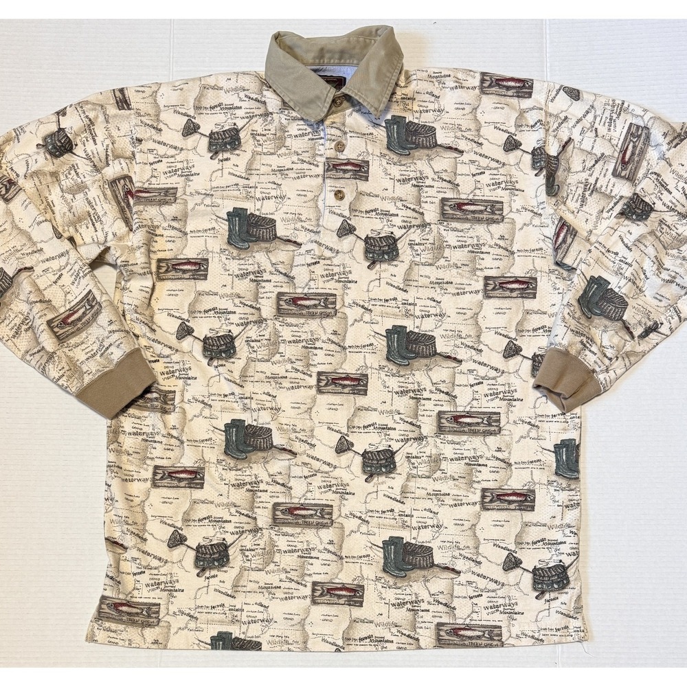DUXBAK - Men's Polo Shirt - Vintage Fishing Map‎ Long Sleeve - Size Large